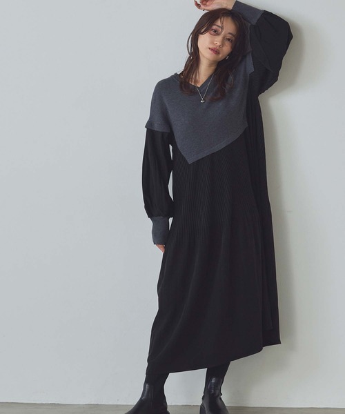 Gready Brilliant(グレディブリリアン)の「Vネックニット×プリーツワンピース(ワンピース・レディース・ブラック系その他/ブラウン系その他・38)」の1枚目の写真