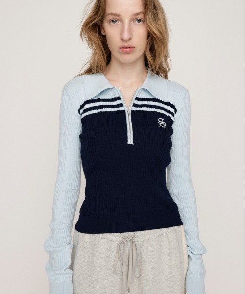 SLY(スライ)の「【限定カラーあり】CABLE COLLAR KNIT TOPS ケーブル カラー ニット トップス 秋服 冬服(ニット/セーター・レディース・ブラック/ライトブルー/イエロー/ネイビー/ブラウン・FREE)」の3枚目の写真