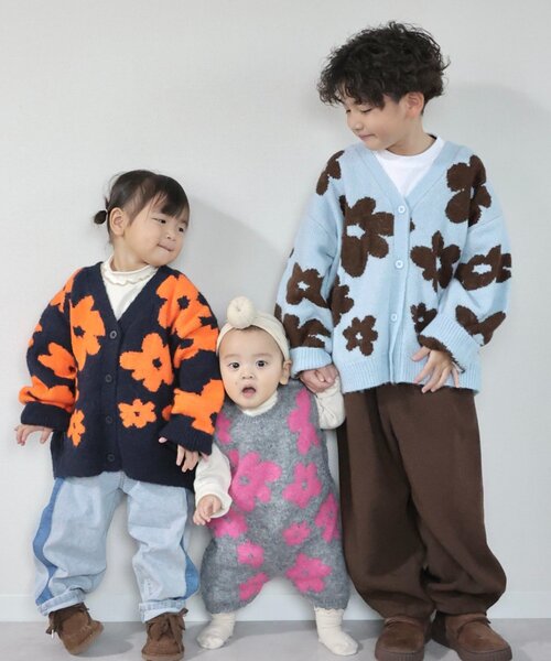 KIDS】【ジュニアサイズあり】総柄フラワーニットカーデ《ユニセックス