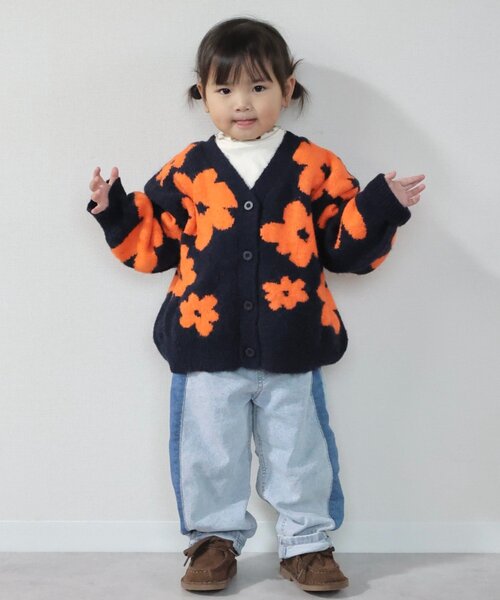 セール】【KIDS】【ジュニアサイズあり】総柄フラワーニットカーデ
