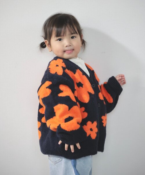 KIDS】【ジュニアサイズあり】総柄フラワーニットカーデ《ユニセックス