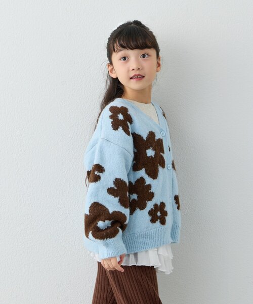 セール】【KIDS】【ジュニアサイズあり】総柄フラワーニットカーデ