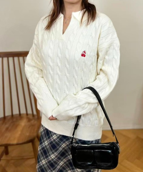 mebole（メボレ）の「Cherry Cable Knit Top（ニット/セーター・レディース・ブルー/アイボリー/ピンク・FREE）」の21枚目の写真