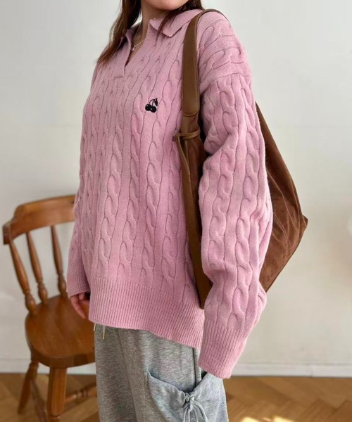 mebole（メボレ）の「Cherry Cable Knit Top（ニット/セーター・レディース・ブルー/アイボリー/ピンク・FREE）」の4枚目の写真