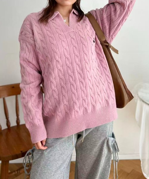 mebole（メボレ）の「Cherry Cable Knit Top（ニット/セーター・レディース・ブルー/アイボリー/ピンク・FREE）」の5枚目の写真