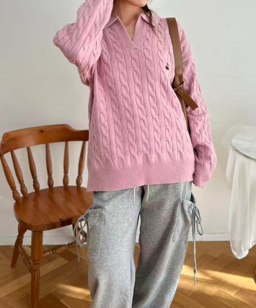 mebole（メボレ）の「Cherry Cable Knit Top（ニット/セーター・レディース・ブルー/アイボリー/ピンク・FREE）」の9枚目の写真