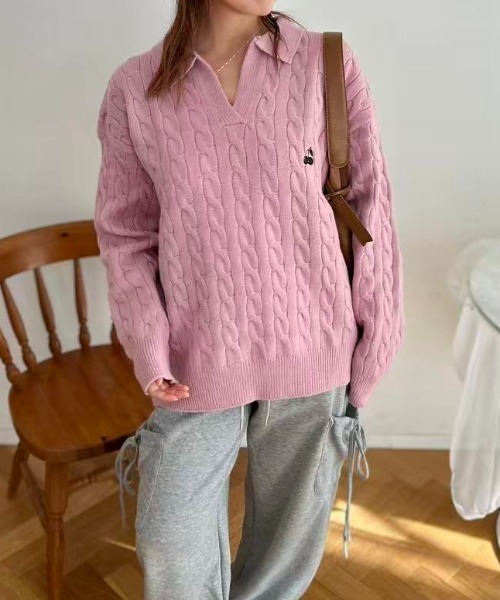 mebole（メボレ）の「Cherry Cable Knit Top（ニット/セーター・レディース・ブルー/アイボリー/ピンク・FREE）」の6枚目の写真