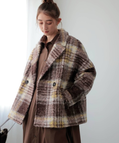 Jines(ジネス)の「ビッグチェックショートコート(ピーコート・レディース・パープル/イエロー・38)」の1枚目の写真