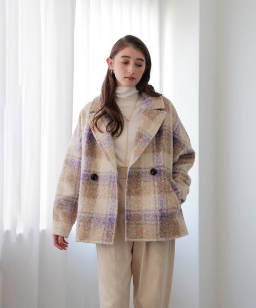 Jines(ジネス)の「ビッグチェックショートコート(ピーコート・レディース・パープル/イエロー・38)」の7枚目の写真