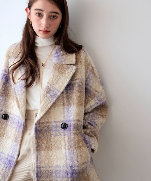 Jines(ジネス)の「ビッグチェックショートコート(ピーコート・レディース・パープル/イエロー・38)」の6枚目の写真