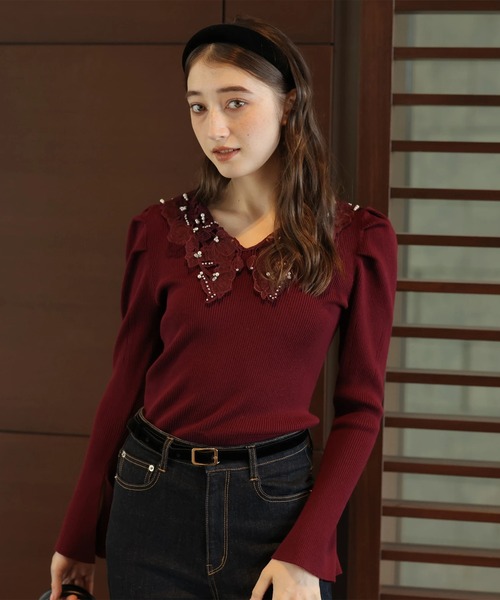 【新品・タグ付き】 リランドチュール パールレースカラーニットトップス Rirandture（リランドチュール）｜ニット/セーター（レッド系）一覧 - WEAR