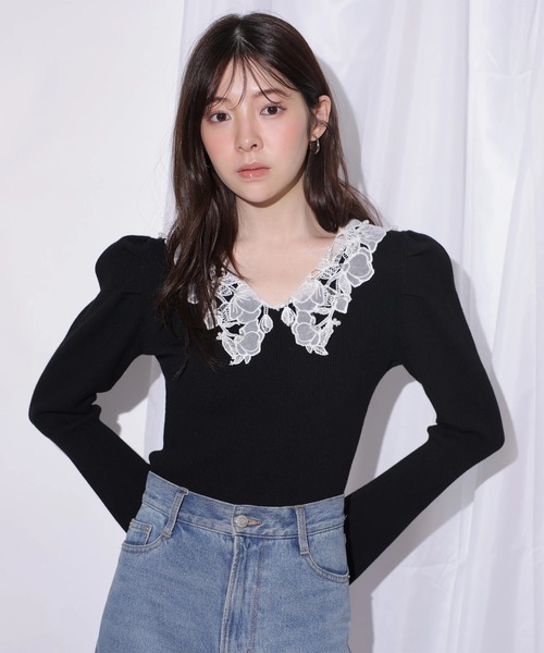 Rirandture（リランドチュール）の「パールレースカラーニットトップス（ニット/セーター・レディース・ボルドー/ブラック/グレー・2）」の14枚目の写真