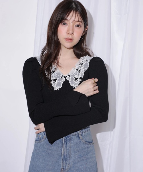 Rirandture（リランドチュール）の「パールレースカラーニットトップス（ニット/セーター・レディース・ボルドー/ブラック/グレー・2）」の15枚目の写真