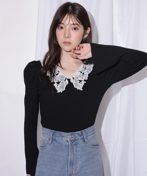 Rirandture（リランドチュール）の「パールレースカラーニットトップス（ニット/セーター・レディース・ボルドー/ブラック/グレー・2）」の16枚目の写真