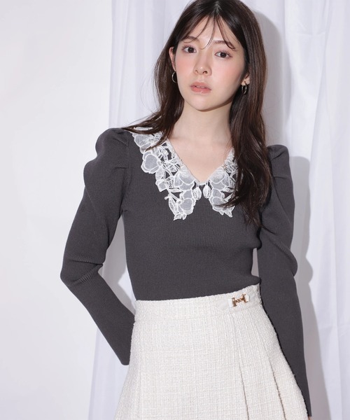 Rirandture（リランドチュール）の「パールレースカラーニットトップス（ニット/セーター・レディース・ボルドー/ブラック/グレー・2）」の8枚目の写真