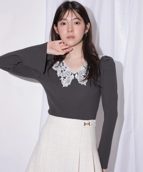 Rirandture（リランドチュール）の「パールレースカラーニットトップス（ニット/セーター・レディース・ボルドー/ブラック/グレー・2）」の9枚目の写真