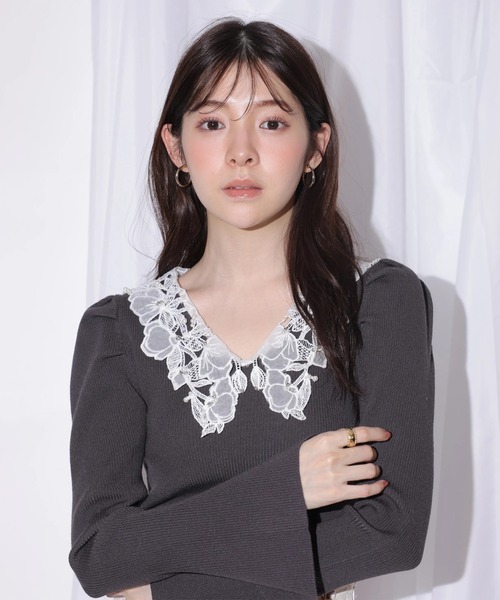 Rirandture（リランドチュール）の「パールレースカラーニットトップス（ニット/セーター・レディース・ボルドー/ブラック/グレー・2）」の10枚目の写真