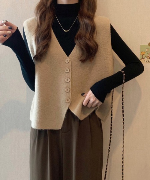 Miniministore(ミニミニストア)の「ニットベスト ニットジレ 重ね着 秋冬服(ベスト・レディース・ベージュ/オレンジ/マスタード/ブラウン/キャメル/ホワイト・FREE)」の1枚目の写真