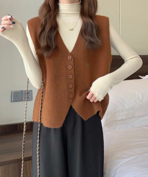 Miniministore(ミニミニストア)の「ニットベスト ニットジレ 重ね着 秋冬服(ベスト・レディース・ベージュ/オレンジ/マスタード/ブラウン/キャメル/ホワイト・FREE)」の5枚目の写真