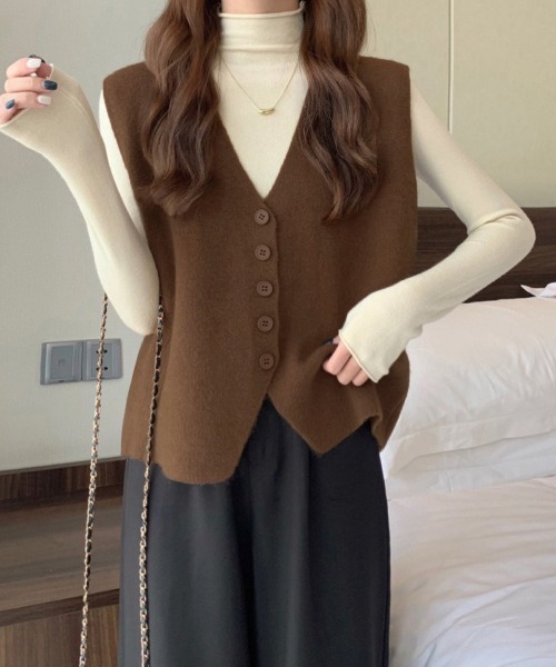 Miniministore(ミニミニストア)の「ニットベスト ニットジレ 重ね着 秋冬服(ベスト・レディース・ベージュ/オレンジ/マスタード/ブラウン/キャメル/ホワイト・FREE)」の3枚目の写真