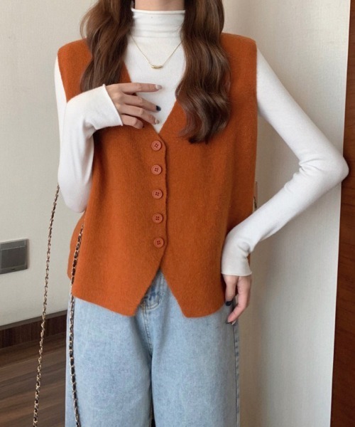 Miniministore(ミニミニストア)の「ニットベスト ニットジレ 重ね着 秋冬服(ベスト・レディース・ベージュ/オレンジ/マスタード/ブラウン/キャメル/ホワイト・FREE)」の6枚目の写真