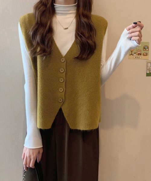 Miniministore(ミニミニストア)の「ニットベスト ニットジレ 重ね着 秋冬服(ベスト・レディース・ベージュ/オレンジ/マスタード/ブラウン/キャメル/ホワイト・FREE)」の4枚目の写真