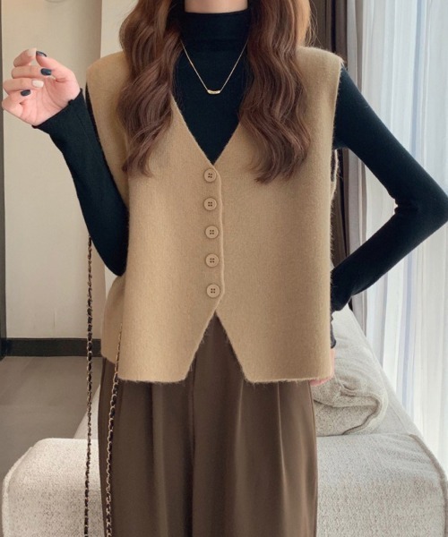 Miniministore(ミニミニストア)の「ニットベスト ニットジレ 重ね着 秋冬服(ベスト・レディース・ベージュ/オレンジ/マスタード/ブラウン/キャメル/ホワイト・FREE)」の7枚目の写真