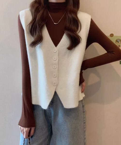 Miniministore(ミニミニストア)の「ニットベスト ニットジレ 重ね着 秋冬服(ベスト・レディース・ベージュ/オレンジ/マスタード/ブラウン/キャメル/ホワイト・FREE)」の8枚目の写真