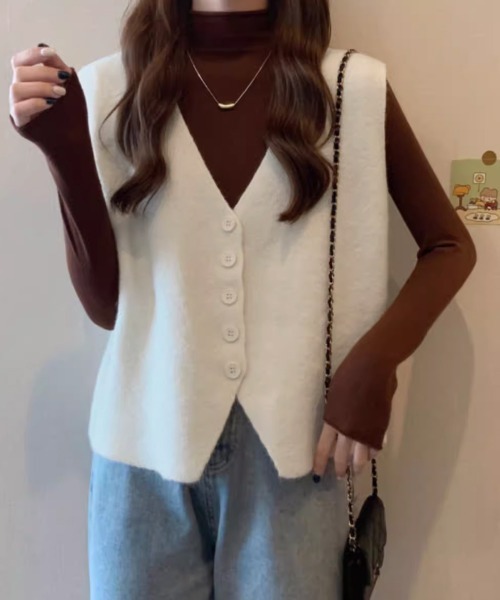 Miniministore(ミニミニストア)の「ニットベスト ニットジレ 重ね着 秋冬服(ベスト・レディース・ベージュ/オレンジ/マスタード/ブラウン/キャメル/ホワイト・FREE)」の9枚目の写真