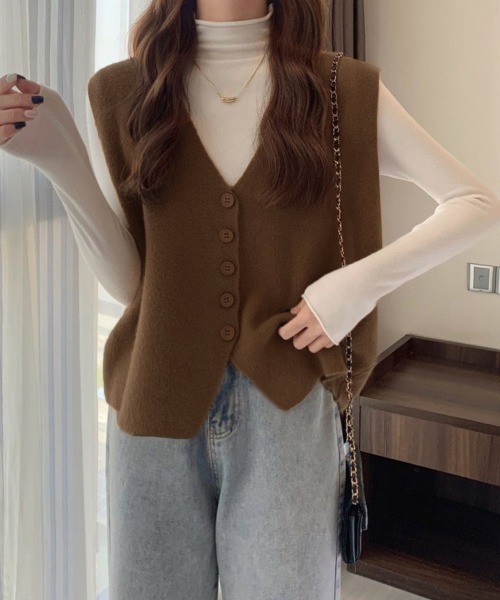 Miniministore(ミニミニストア)の「ニットベスト ニットジレ 重ね着 秋冬服(ベスト・レディース・ベージュ/オレンジ/マスタード/ブラウン/キャメル/ホワイト・FREE)」の10枚目の写真