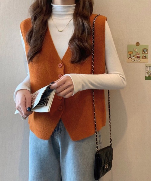 Miniministore(ミニミニストア)の「ニットベスト ニットジレ 重ね着 秋冬服(ベスト・レディース・ベージュ/オレンジ/マスタード/ブラウン/キャメル/ホワイト・FREE)」の12枚目の写真