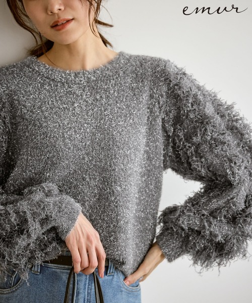 emur/エミュール】ラメジャガードフリンジスリーブプルオーバー