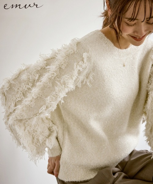 ROPE' PICNIC(ロペピクニック)の「【emur/エミュール】ラメジャガードフリンジスリーブプルオーバー(ニット/セーター・レディース・グレー/オフホワイト/ブルー・38)」の2枚目の写真
