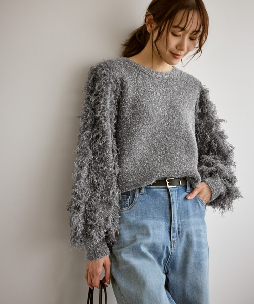 ROPE' PICNIC(ロペピクニック)の「【emur/エミュール】ラメジャガードフリンジスリーブプルオーバー(ニット/セーター・レディース・グレー/オフホワイト/ブルー・38)」の5枚目の写真
