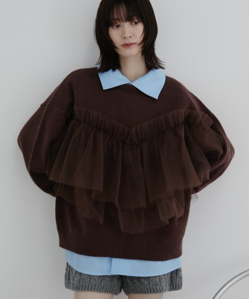 Auntie Rosa(アンティローザ)の「【KICO direction item】チュールギャザーニット(ニット/セーター・レディース・グレー/ブラウン・FREE)」の1枚目の写真