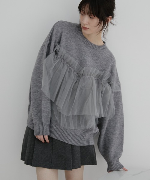 Auntie Rosa(アンティローザ)の「【KICO direction item】チュールギャザーニット(ニット/セーター・レディース・グレー/ブラウン・FREE)」の2枚目の写真