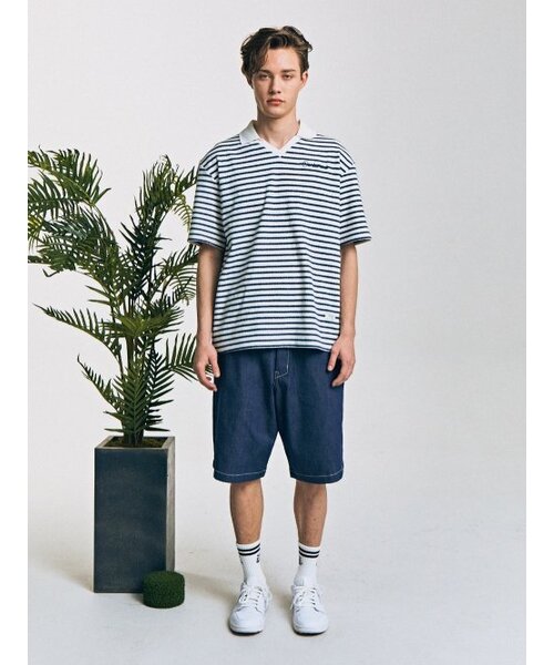 CONTEMENT(コンテメント)の「RETRO STRIPE POLO T-SHIRT(ポロシャツ・メンズ・ブルー・MEDIUM)」の1枚目の写真