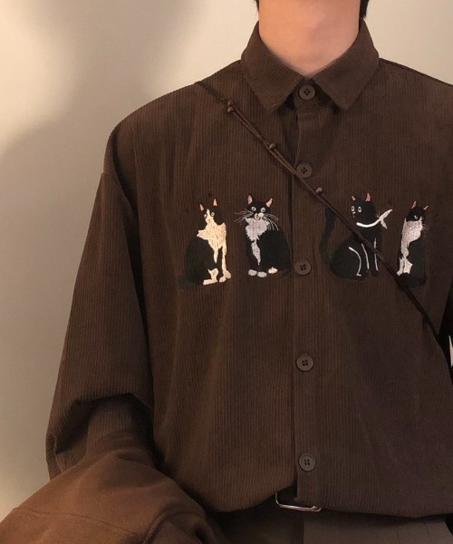 FreeZone(フリーゾーン)の「【春夏新作】ネコ刺繍 コーデュロイシャツ(シャツ/ブラウス・メンズ・ブラウン/ブラック/ベージュ・F)」の9枚目の写真
