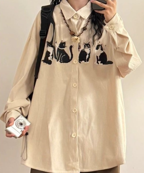 FreeZone(フリーゾーン)の「【春夏新作】ネコ刺繍 コーデュロイシャツ(シャツ/ブラウス・メンズ・ブラウン/ブラック/ベージュ・F)」の13枚目の写真