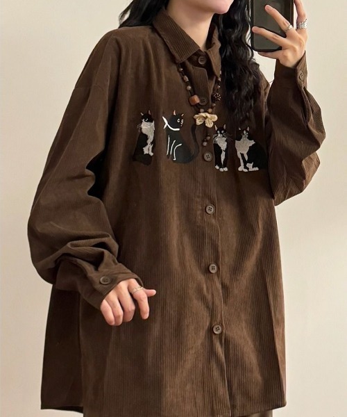 FreeZone(フリーゾーン)の「【春夏新作】ネコ刺繍 コーデュロイシャツ(シャツ/ブラウス・メンズ・ブラウン/ブラック/ベージュ・F)」の21枚目の写真