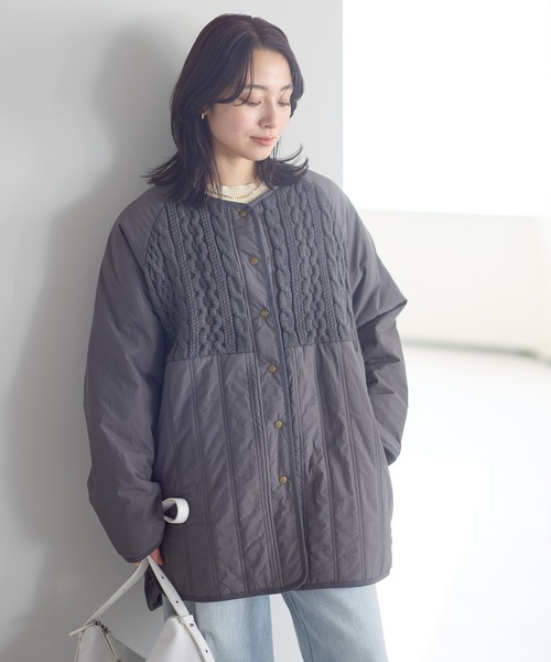 HEART MARKET(ハートマーケット)の「ニット&キルティングノーカラーアウター(ノーカラージャケット・レディース・ホワイト/チャコールグレー/カーキ・FREE)」の3枚目の写真