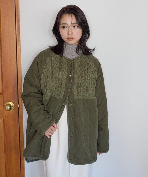 HEART MARKET(ハートマーケット)の「ニット&キルティングノーカラーアウター(ノーカラージャケット・レディース・ホワイト/チャコールグレー/カーキ・FREE)」の6枚目の写真