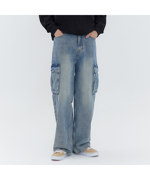 ACSHI(アクシ)の「カーゴウォッシュドバルーンフィットワイドデニムパンツユニセックス(ブラック/ブルー)(デニムパンツ・メンズ・その他/ブルー系・S/M/XS/XXL/L/XL)」の2枚目の写真