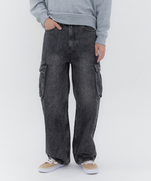 ACSHI（アクシ）の「カーゴウォッシュドバルーンフィットワイドデニムパンツユニセックス（ブラック/ブルー）（デニムパンツ）」