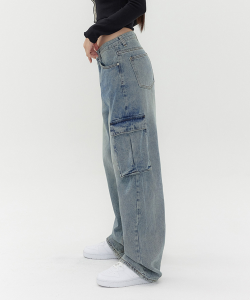 ACSHI(アクシ)の「カーゴウォッシュドバルーンフィットワイドデニムパンツユニセックス(ブラック/ブルー)(デニムパンツ・メンズ・その他/ブルー系・S/M/XS/XXL/L/XL)」の10枚目の写真