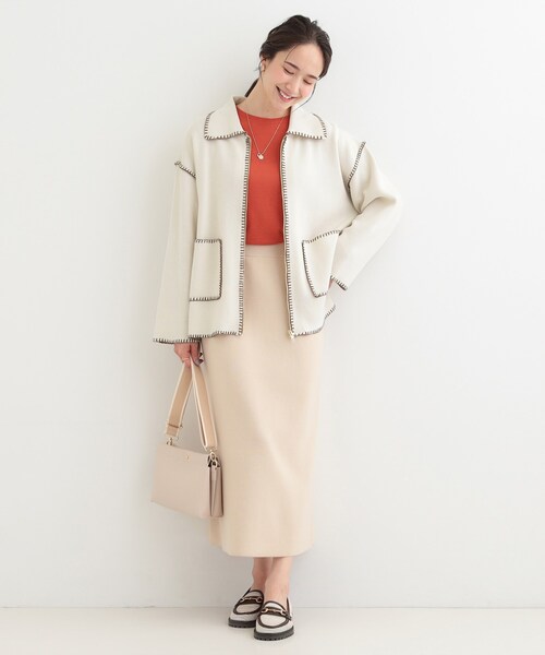 SHOO・LA・RUE（シューラルー）の「ステッチ襟付きが魅力な ジップニットカーディガン（カーディガン/ボレロ・レディース・オフホワイト/グレー/ライトグリーン・00）」の6枚目の写真