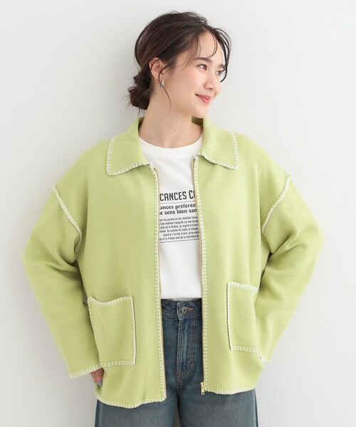 SHOO・LA・RUE（シューラルー）の「ステッチ襟付きが魅力な ジップニットカーディガン（カーディガン/ボレロ・レディース・オフホワイト/グレー/ライトグリーン・00）」の12枚目の写真