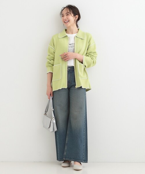 SHOO・LA・RUE（シューラルー）の「ステッチ襟付きが魅力な ジップニットカーディガン（カーディガン/ボレロ・レディース・オフホワイト/グレー/ライトグリーン・00）」の14枚目の写真