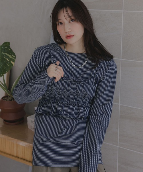 slattgir(スラットジール)の「高身長 ビスチェ付きロンT(トールサイズ)Essenave(Tシャツ/カットソー・レディース・オートミール/ネイビー系・T3L/TLL/TL/TM)」の2枚目の写真