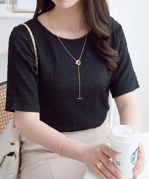 Viola e Viola(ヴィオラエヴィオラ)の「ポコポコ素材Tシャツ(Tシャツ/カットソー・レディース・ブラック/ネイビー/イエロー/ピンク/ホワイト・M/L/LL)」の14枚目の写真